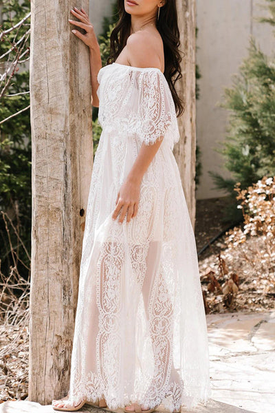 Samantha® | Elegant sheer solid lace off-the-shoulder A-line dresses