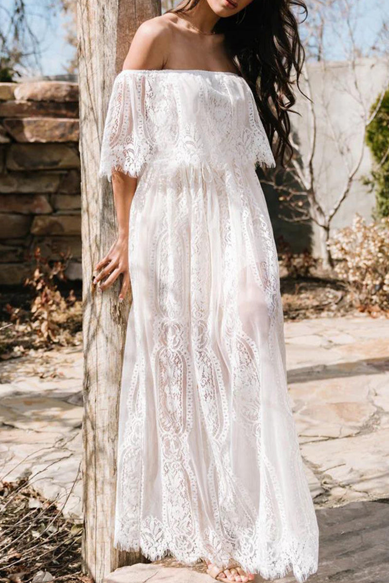 Samantha® | Elegant sheer solid lace off-the-shoulder A-line dresses