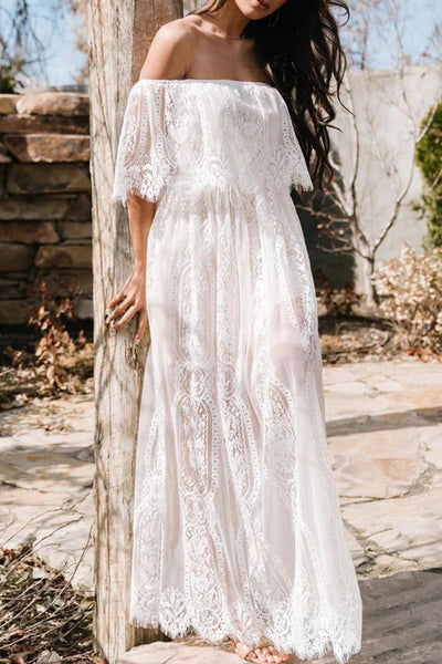 Samantha® | Elegant sheer solid lace off-the-shoulder A-line dresses