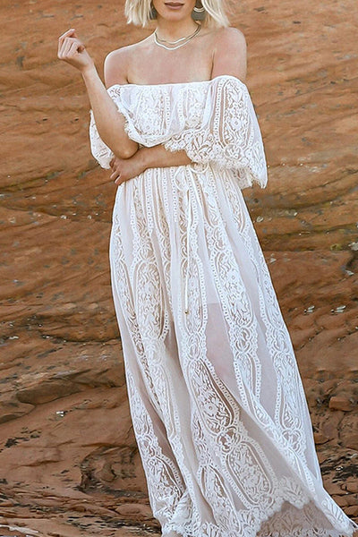 Samantha® | Elegant sheer solid lace off-the-shoulder A-line dresses
