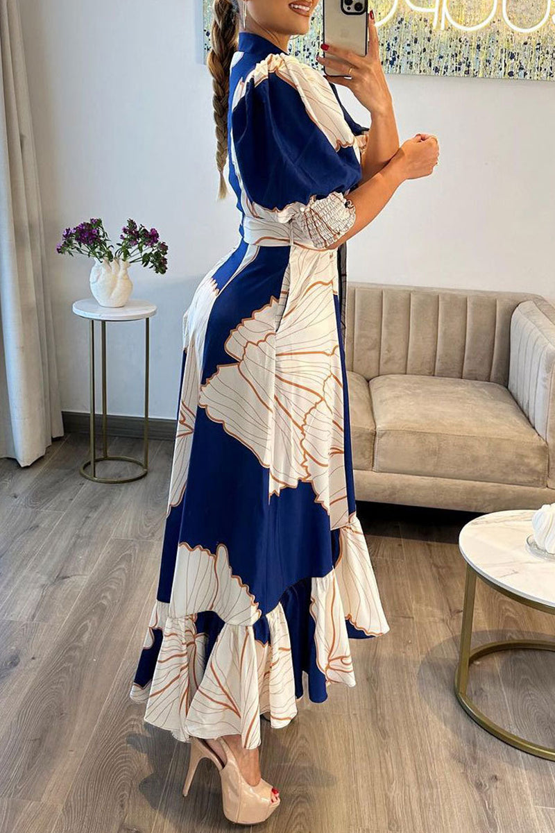 Matilda® | Casual printed asymmetrical long dresses with turn-down collars