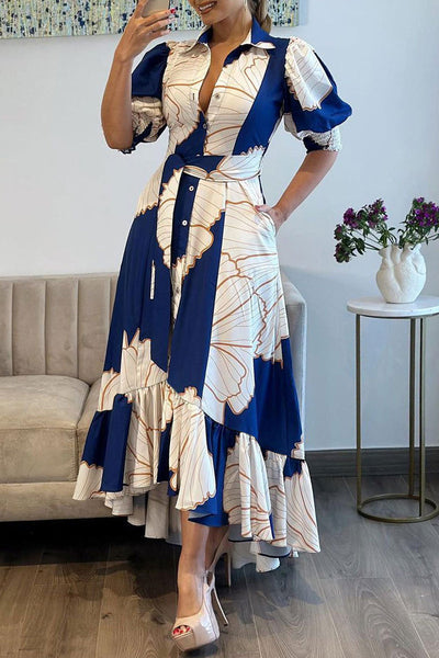 Matilda® | Casual printed asymmetrical long dresses with turn-down collars