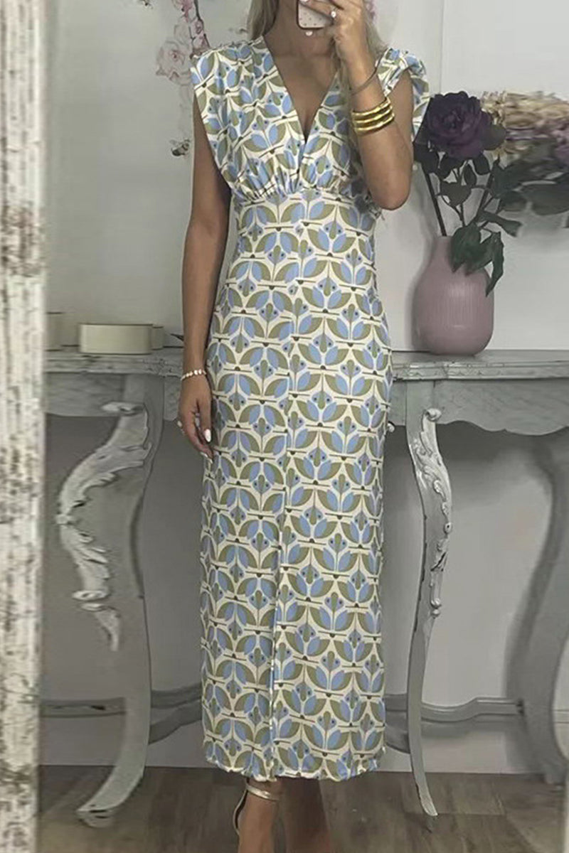 Lara® | Elegant geometric print V-neck one-tier skirt dresses from celebrities
