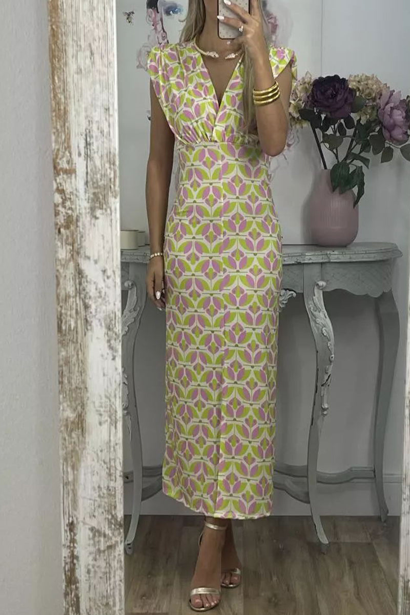 Lara® | Elegant geometric print V-neck one-tier skirt dresses from celebrities