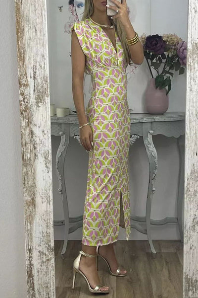 Lara® | Elegant geometric print V-neck one-tier skirt dresses from celebrities