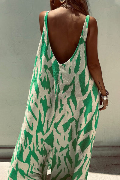 Iliana® | Casual geometric print backless sleeveless dresses with O-neck
