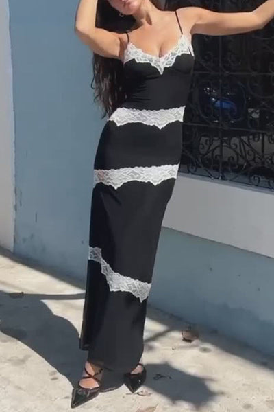 Yesenia® | Sexy dresses with solid color lace contrast V-neck and one-tier skirt
