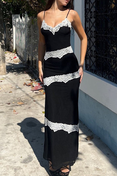 Yesenia® | Sexy dresses with solid color lace contrast V-neck and one-tier skirt