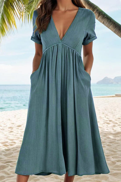 Vilma® | Casual solid A-line dresses with pocket pleat and V-neck