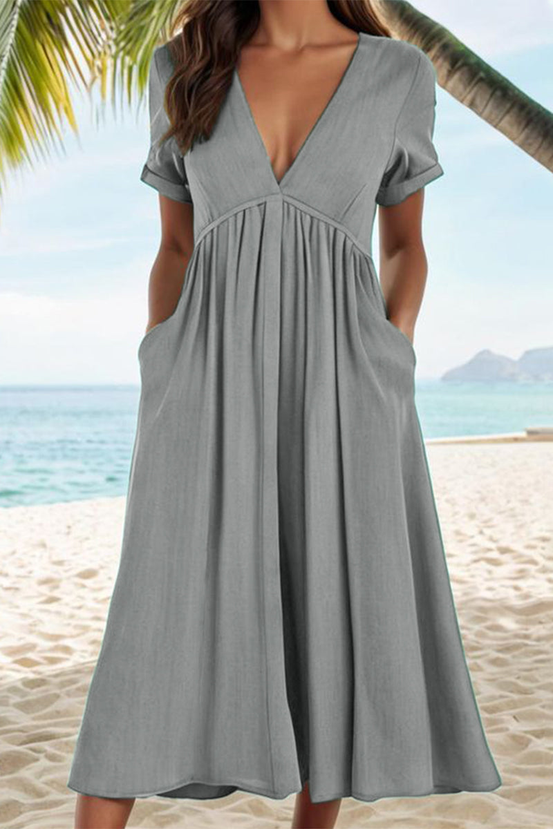Vilma® | Casual solid A-line dresses with pocket pleat and V-neck