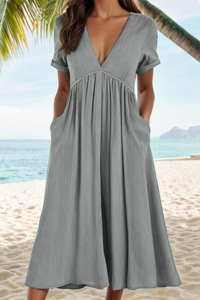 Vilma® | Casual solid A-line dresses with pocket pleat and V-neck