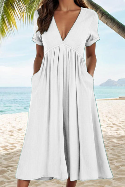 Vilma® | Casual solid A-line dresses with pocket pleat and V-neck