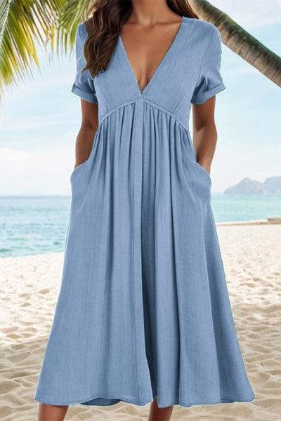Vilma® | Casual solid A-line dresses with pocket pleat and V-neck