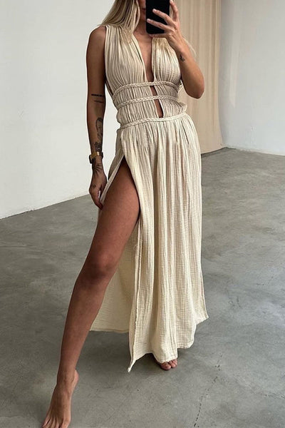 Maria Fernanda® | Sexy Bohemian Solid Color Slit V-Neck Beach Dresses (3 Colors)