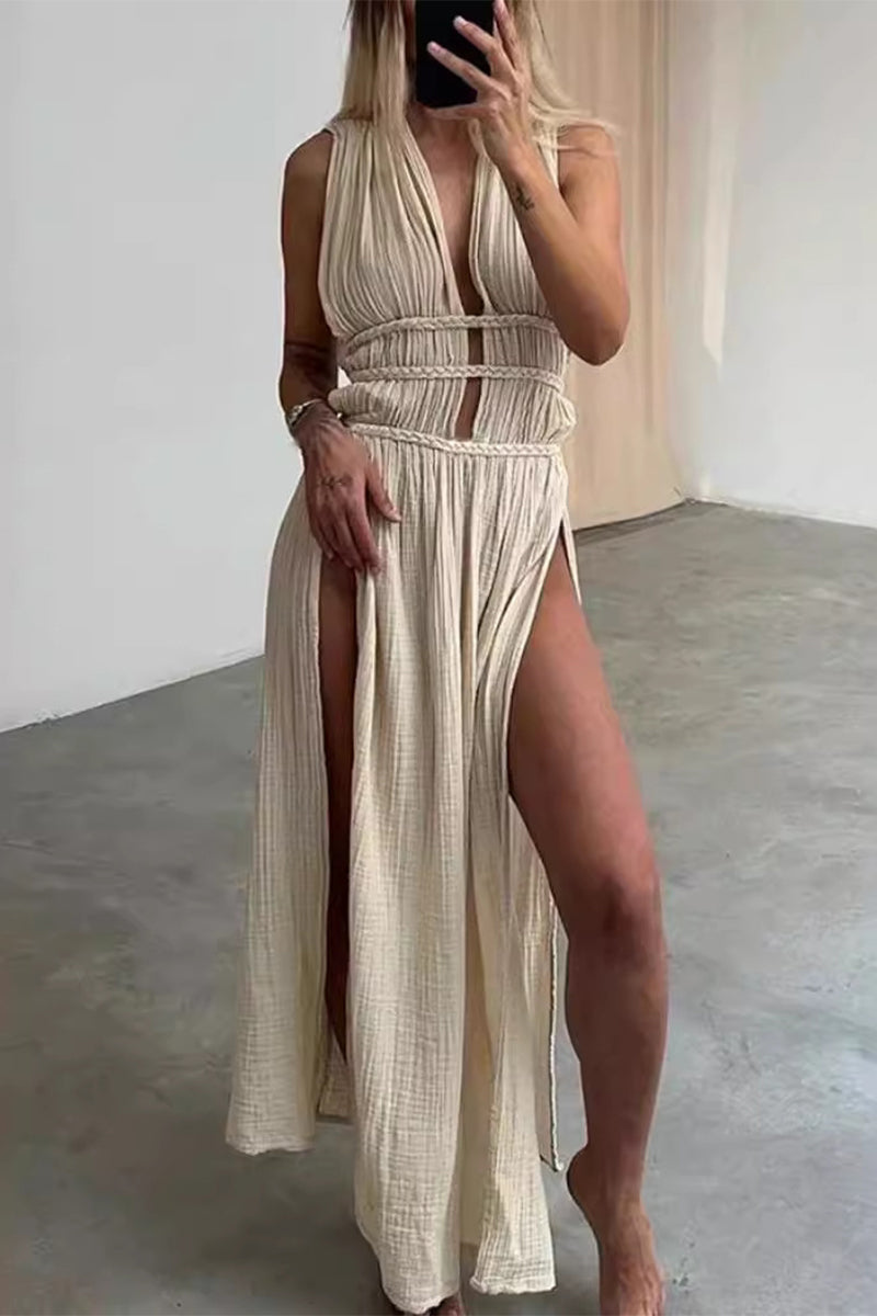 Maria Fernanda® | Sexy Bohemian Solid Color Slit V-Neck Beach Dresses (3 Colors)