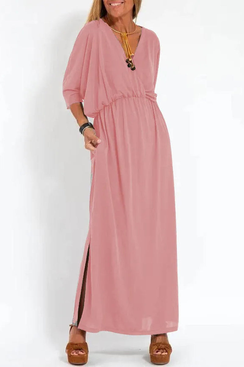 Nelly® | Casual, simple, solid color, one-tier skirt dresses with pocket slit and V-neck