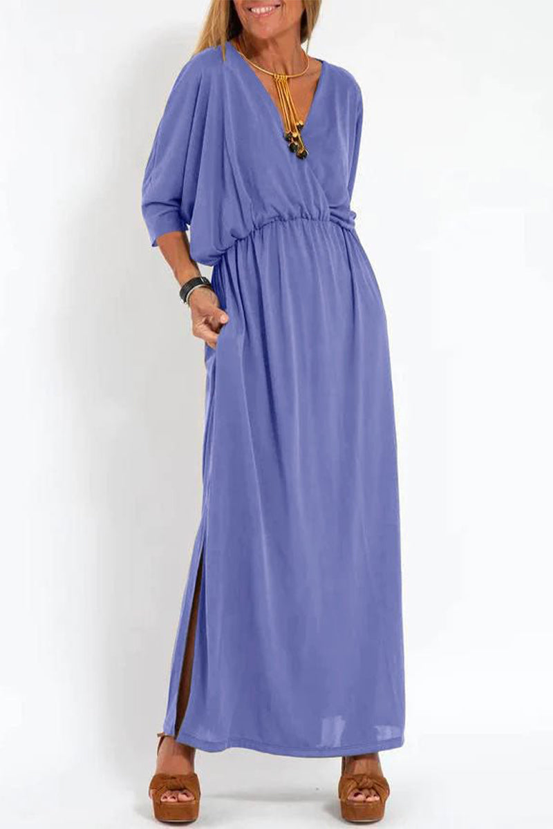 Nelly® | Casual, simple, solid color, one-tier skirt dresses with pocket slit and V-neck