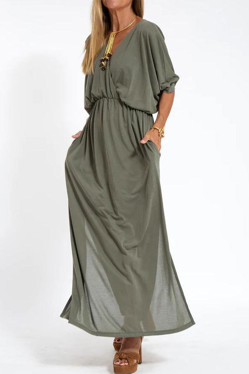 Nelly® | Casual, simple, solid color, one-tier skirt dresses with pocket slit and V-neck
