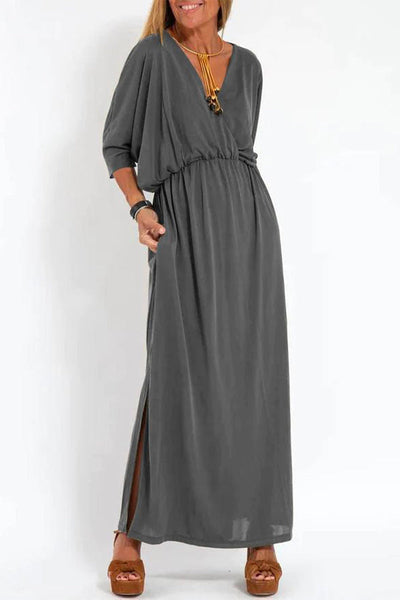 Nelly® | Casual, simple, solid color, one-tier skirt dresses with pocket slit and V-neck