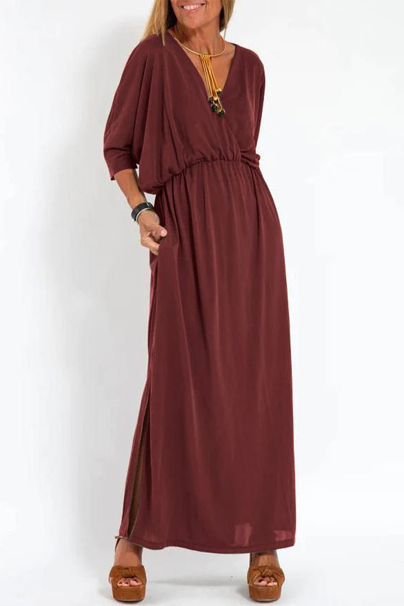 Nelly® | Casual, simple, solid color, one-tier skirt dresses with pocket slit and V-neck