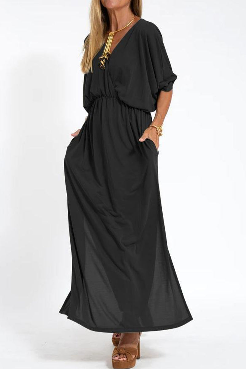 Nelly® | Casual, simple, solid color, one-tier skirt dresses with pocket slit and V-neck