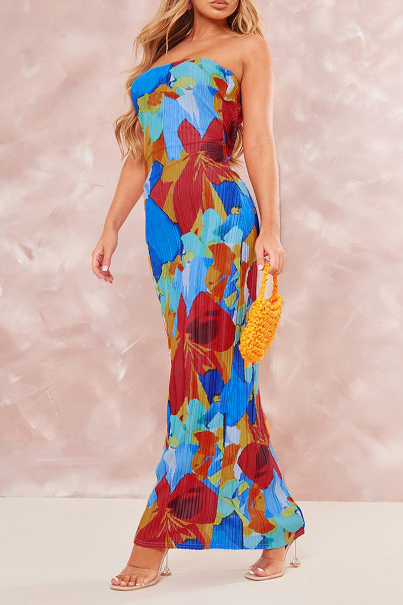 Maricarmen® | Sexy Printed Patchwork Pleated Strapless Pencil Skirt Dresses