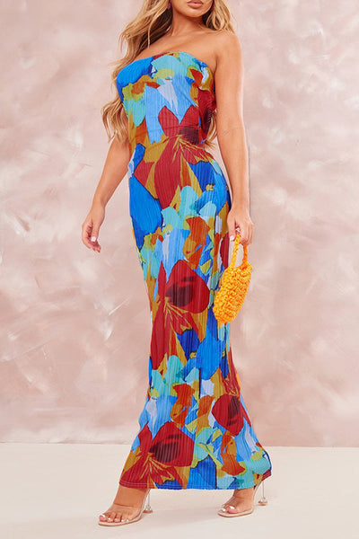 Maricarmen® | Sexy Printed Patchwork Pleated Strapless Pencil Skirt Dresses