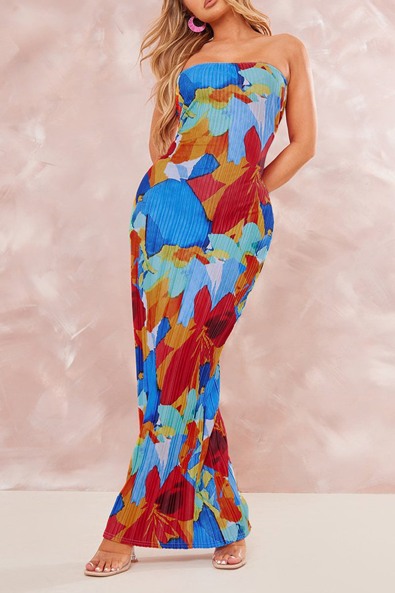 Maricarmen® | Sexy Printed Patchwork Pleated Strapless Pencil Skirt Dresses