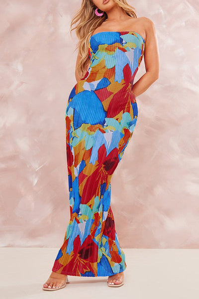 Maricarmen® | Sexy Printed Patchwork Pleated Strapless Pencil Skirt Dresses