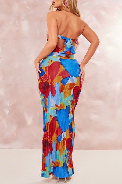 Maricarmen® | Sexy Printed Patchwork Pleated Strapless Pencil Skirt Dresses
