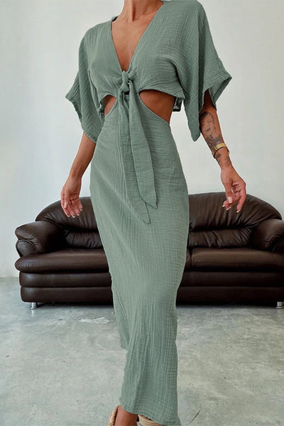 Jazmin® | Sexy solid hollow out frenulum dresses with V-neck and one-tier skirt