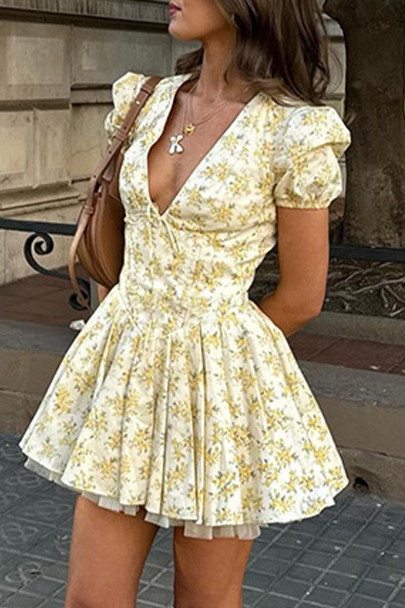 Jacinta® | Sexy print floral frenulum pleated skirt dresses with V-neck and waist
