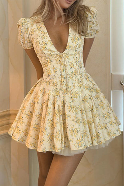 Jacinta® | Sexy print floral frenulum pleated skirt dresses with V-neck and waist