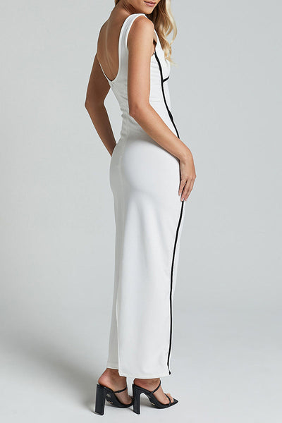 Daniela® | Sexy striped contrast V-neck single tier skirt dresses