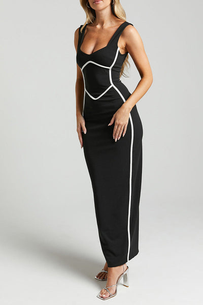 Daniela® | Sexy striped contrast V-neck single tier skirt dresses