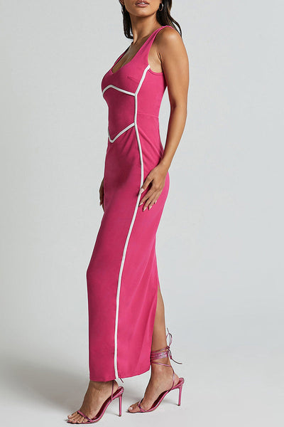 Daniela® | Sexy striped contrast V-neck single tier skirt dresses