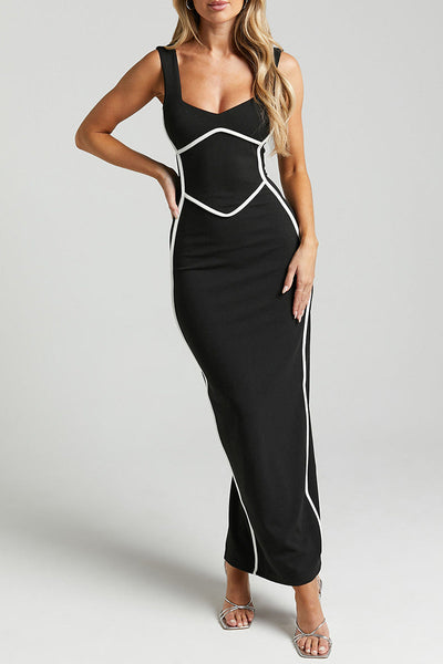 Daniela® | Sexy striped contrast V-neck single tier skirt dresses