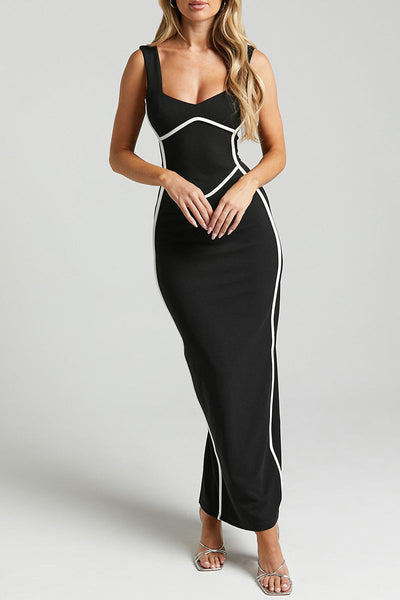 Daniela® | Sexy striped contrast V-neck single tier skirt dresses