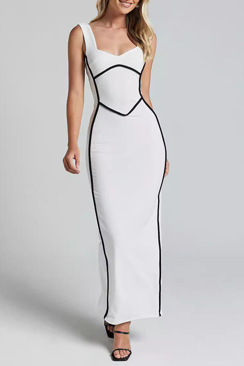 Daniela® | Sexy striped contrast V-neck single tier skirt dresses