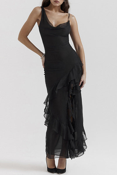 Gilda® | Sexy Solid Backless Flounce Slit Asymmetric Slanted Collar Irregular Dresses