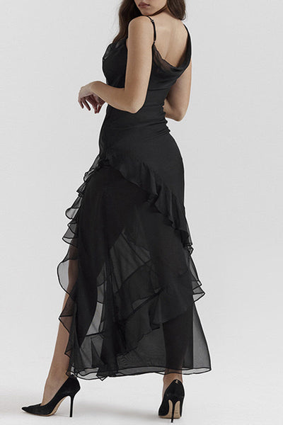 Gilda® | Sexy Solid Backless Flounce Slit Asymmetric Slanted Collar Irregular Dresses