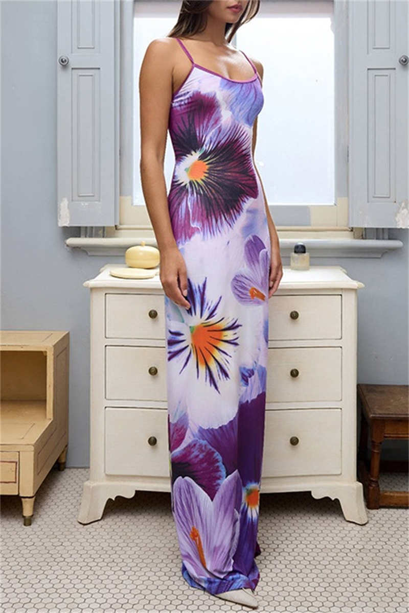 Gabriela® | Casual printed backless long dresses with spaghetti straps