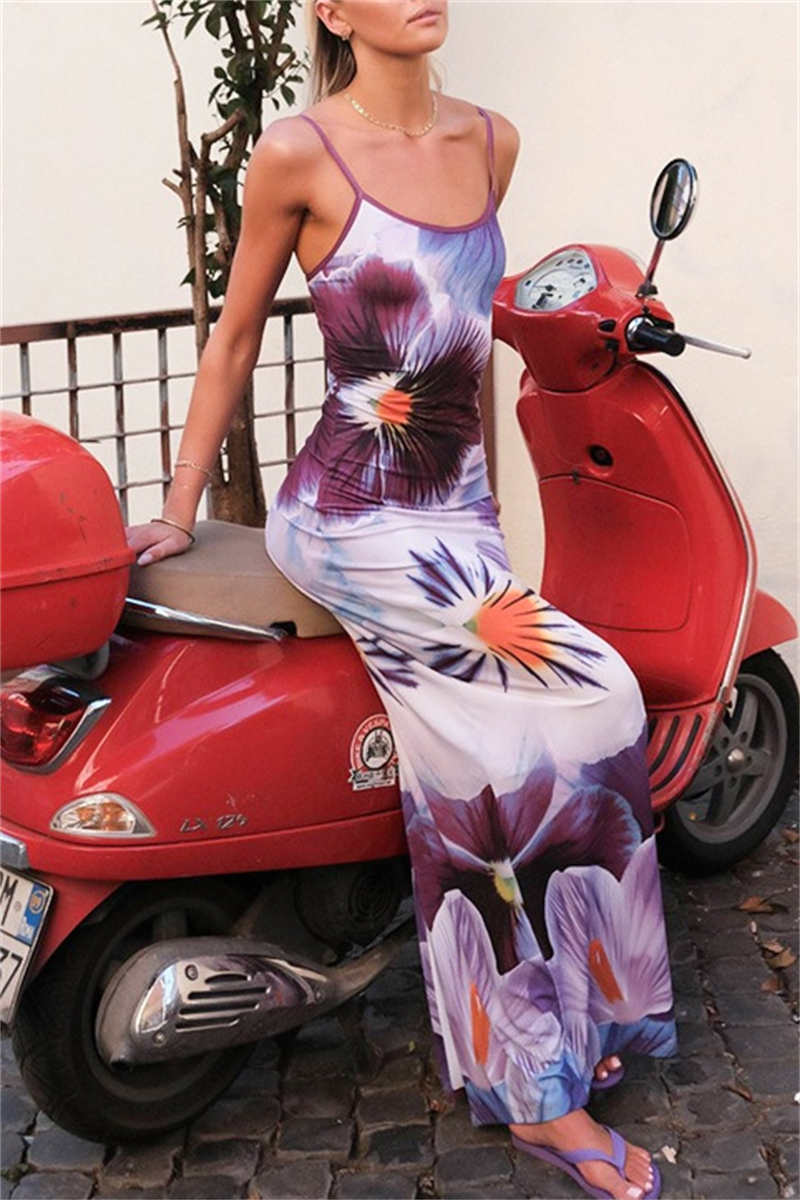 Gabriela® | Casual printed backless long dresses with spaghetti straps