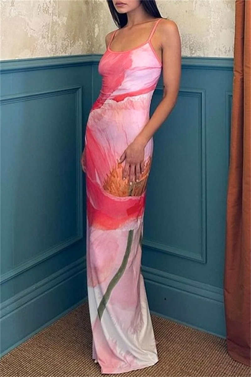 Gabriela® | Casual printed backless long dresses with spaghetti straps