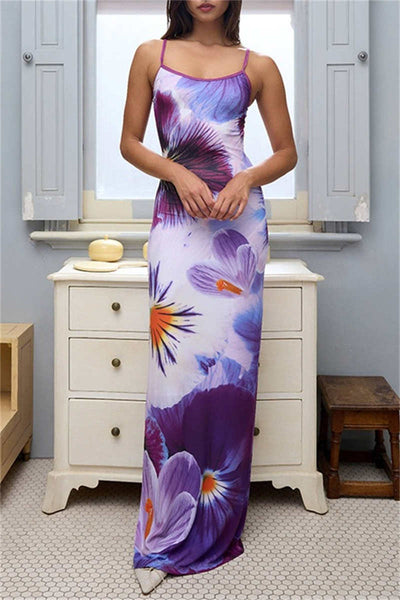 Gabriela® | Casual printed backless long dresses with spaghetti straps