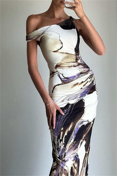 Ileana® | Sexy, casual print, basic, long dresses with slanted collar