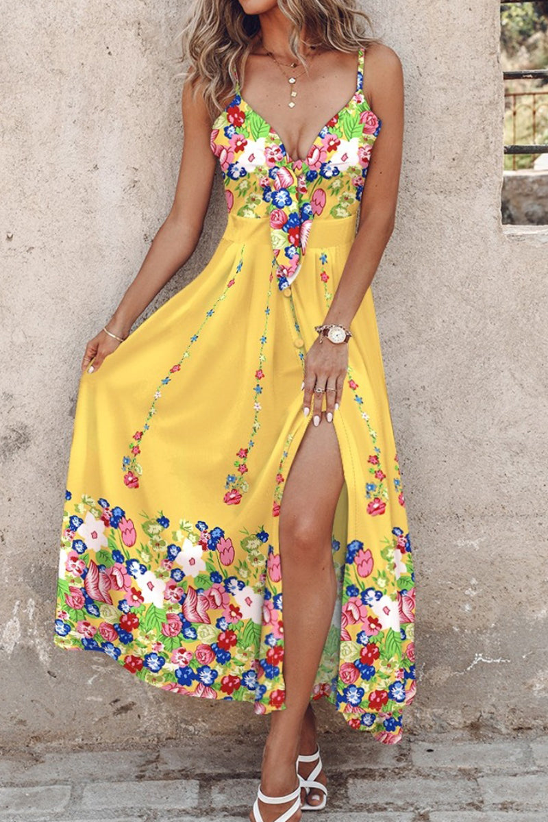 Eva® | Sexy casual print backless slit long dresses with spaghetti straps
