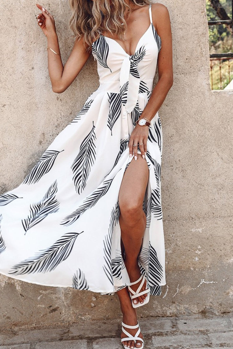 Eva® | Sexy casual print backless slit long dresses with spaghetti straps