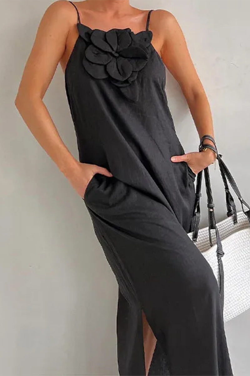 Flora® | Casual Street Solid Floral Pocket Slit Sling Dresses