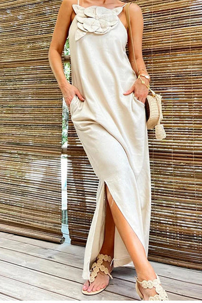 Flora® | Casual Street Solid Floral Pocket Slit Sling Dresses